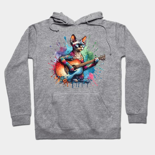 Devon Rex Cat Playing Guitar Hoodie by Graceful Designs